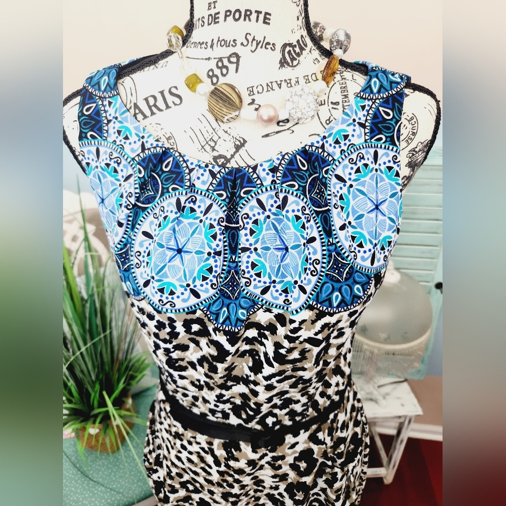London Times Blue Animal Print Sheath Dress - Picture 3 of 9